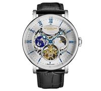 STÜHRLING Original Men's Dual Time Automatic Watch, 47mm Case, Skeleton Dial, Leather Strap, Sun/Moon AM/PM Indicator 5 ATM Water Resistant in Silver STÜHRLING Original Silver One Size