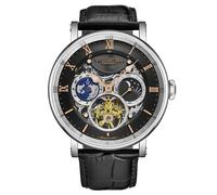 STÜHRLING Original Men's Dual Time Automatic Watch, 47mm Case, Skeleton Dial, Leather Strap, Sun/Moon AM/PM Indicator 5 ATM Water Resistant in Black STÜHRLING Original Black One Size