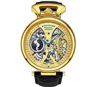 Stührling Original Mens Skeleton Watch Dial Automatic Watch with Calfskin Leather Band and - Dual Time, AM/PM Sun Moon (Gold)