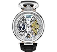 Stührling Original Mens Skeleton Watch Dial Automatic Watch with Calfskin Leather Band and - Dual Time, AM/PM Sun Moon (Silver)
