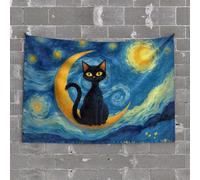Stuff For Boys Room Black Cat On The Moon: A Starry Night Adventure Tapestry Outdoor Bar Decor Funny Home Decor(100X150CM)