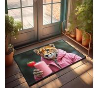 Stuff For Your Room A Cheetah In A Pink Hoodie Holding A Strawberry Smoothie Doormat Indoor Fall Decor Welcome Home Mats For Front Door(40X60CM)