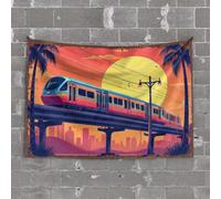 Stuff For Your Room Sunset Cityscape With Futuristic Train And Palm Trees Tapestry Funky Decor Bar For Man Cave(100X150CM)