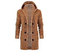 Stuff Men's Hooded Coat Oversized Warm Horn Buckle Striped Retro Knit Thick Cotton Long Winter Coat with Pocket Handball Sweatshirt Men, khaki, XXL