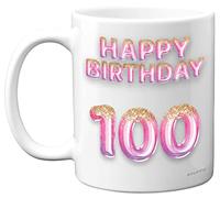 100th Birthday Gift for Women - Pink Purple Glitter Balloons - Happy Birthday Mug Present for 100 Year Old Mum Nanny Auntie Cousin Grandma, 11oz Ceramic Dishwasher Safe Coffee Mugs Cup