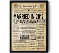 Stuff4 13th Anniversary Poster Framed - Married In 2012 Newspaper - Happy 13 Wedding Anniversary for Men Women Retro Vintage Gifts Back In 2012, 8x10 Inch Anniversaries Posters
