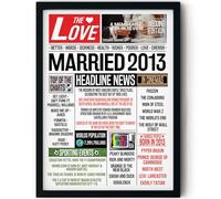 Stuff4 13th Anniversary Poster Framed - Married In 2013 Newspaper - Happy 13th Wedding Anniversary for Men Women Vintage Retro Back In 2013, 8x10 Inch Anniversaries Posters