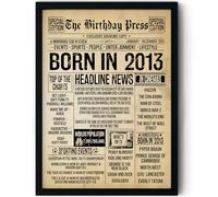 Stuff4 13th Birthday Poster Framed - Born In 2013 Aged Newspaper - Happy 13 Birthday for Boys Girls Retro Vintage Gifts Back In 2013, 8x10 Inch Bday Party Decor Decoration