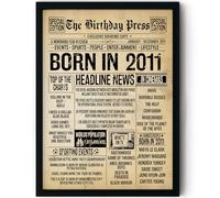 Stuff4 14th Birthday Poster Framed - Born In 2011 Vintage Newspaper - Happy 14th Birthday Gifts for Girls Boys Retro Back In 2011, 8x10 Inch Fourteen Fourteenth Decor Decoration Bday Party