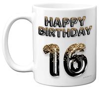 16th Birthday Gift for Boys - Black Gold Glitter Balloons - Happy Birthday Mug Present for 16 Year Old Son Brother Grandson Cousin Friend, 11oz Ceramic Dishwasher Safe Coffee Mugs Cup