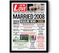 Stuff4 18th Anniversary Poster Framed - Married In 2008 Newspaper - Happy 18th Wedding Anniversary for Men Women Vintage Gifts Retro Back In 2008, 8x10 Inch Anniversaries Posters