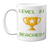 Stuff4 21st Birthday Mug - Level 21 Reached - Pixel Art Trophy Gamer Birthday - Retro 8 - Bit Milestone Gift - 11oz Ceramic Gloss Mug