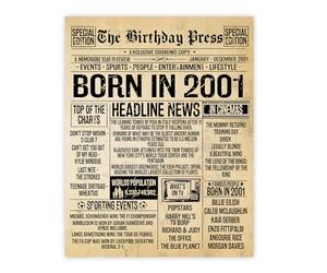 Stuff4 25th Birthday Poster Unframed - Born In 2001 Vintage Newspaper - Happy 25th Birthday Gifts for Women Men Retro Back In 2001, 8x10 Inch Decor Decoration Bday Party