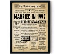 Stuff4 33rd Anniversary Poster Framed - Married In 1992 Newspaper - Happy 33 Wedding Anniversary for Men Women Retro Vintage Gifts Back In 1992, 8x10 Inch Anniversaries Posters