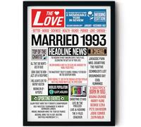 Stuff4 33rd Anniversary Poster Framed - Married In 1993 Newspaper - Happy 33rd Wedding Anniversary for Men Women Vintage Gifts Retro Back In 1993, 8x10 Inch Anniversaries Posters