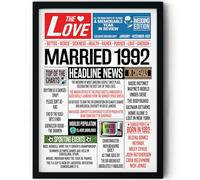 Stuff4 34th Anniversary Poster Framed - Married In 1992 Newspaper - Happy 34th Wedding Anniversary for Men Women Vintage Gifts Retro Back In 1992, 8x10 Inch Anniversaries Posters