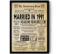 Stuff4 35th Anniversary Poster Framed, Married In 1991 Newspaper