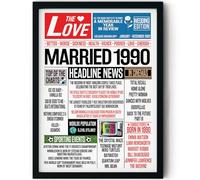 Stuff4 36th Anniversary Poster Framed - Married In 1990 Newspaper - Happy 36th Wedding Anniversary for Men Women Vintage Gifts Retro Back In 1990, 8x10 Inch Anniversaries Posters