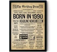 Stuff4 36th Birthday Poster Framed - Born In 1990 Vintage Newspaper - Happy 36th Birthday Gifts for Women Men Retro Back In 1990, 8x10 Inch Decor Decoration Bday Party