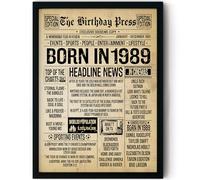Stuff4 37th Birthday Poster Framed, Born In 1989 Vintage Newspaper