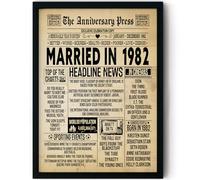 Stuff4 44th Anniversary Poster Framed - Married In 1982 Newspaper - 44 Wedding Anniversary for Men Women Retro Vintage Gifts Back In 1982, 8x10 Inch Anniversaries Posters