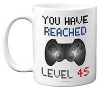 45th Birthday Gamer Gift - Level 45 Gamer Mug, 45th Birthday Gifts, 11oz Dishwasher Safe Coffee Mugs Cup, for Men or Women, Retro Video Game, Novelty Gaming for Him or Her