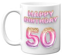 50th Birthday Gift for Women - Pink Purple Glitter Balloons - Happy Birthday Mug Present for 50 Year Old Mum Sister Colleague Auntie Friend, 11oz Ceramic Dishwasher Safe Coffee Mugs Cup