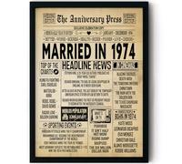Stuff4 51st Anniversary Poster Framed - Married In 1974 Newspaper - Happy 51 Wedding Anniversary for Men Women Retro Vintage Gifts Back In 1974, 8x10 Inch Anniversaries Posters