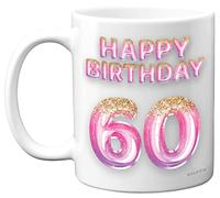 60th Birthday Gift for Women - Pink Purple Glitter Balloons - Happy Birthday Mug Present for 60 Year Old Mum Sister Nanny Auntie Grandma, 11oz Ceramic Dishwasher Safe Coffee Mugs Cup
