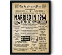 Stuff4 62nd Anniversary Poster Framed - Married In 1964 Newspaper - 62 Wedding Anniversary for Men Women Retro Vintage Gifts Back In 1964, 8x10 Inch Anniversaries Posters