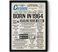 Stuff4 62nd Birthday Poster Framed, Born In 1964 Newspaper