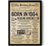 Stuff4 62nd Birthday Poster Framed, Born In 1964 Vintage Newspaper