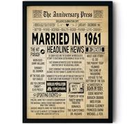 Stuff4 65th Anniversary Poster Framed - Married In 1961 Newspaper - 65 Wedding Anniversary for Men Women Retro Vintage Gifts Back In 1961, 8x10 Inch Anniversaries Posters