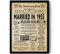 Stuff4 70th Anniversary Poster Framed - Married In 1955 Newspaper - Happy 70 Wedding Anniversary for Men Women Retro Vintage Gifts Back In 1955, 8x10 Inch Anniversaries Posters