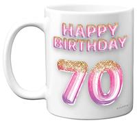 70th Birthday Gift for Women - Pink Purple Glitter Balloons - Happy Birthday Mug Present for 70 Year Old Mum Nanny Auntie Cousin Grandma, 11oz Ceramic Dishwasher Safe Coffee Mugs Cup