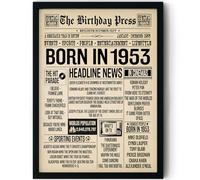Stuff4 73rd Birthday Poster Framed, Born In 1953 Newspaper