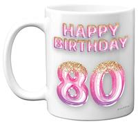80th Birthday Gift for Women - Pink Purple Glitter Balloons - Happy Birthday Mug Present for 80 Year Old Mum Nanny Auntie Cousin Grandma, 11oz Ceramic Dishwasher Safe Coffee Mugs Cup