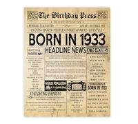 Stuff4 82nd Birthday Poster Unframed - Born In 1933 Vintage Newspaper - Happy 82nd Birthday Gifts for Women Men Retro Back In 1933, 8x10 Inch Ninety-Two Ninety-Second Decor Decoration Bday Party