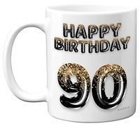 90th Birthday Gift for Men - Black Gold Glitter Balloons - Happy Birthday Mug Present for 90 Year Old Dad Grandad Uncle Cousin Grandpa, 11oz Ceramic Dishwasher Safe Coffee Mugs Cup
