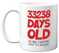 91st Birthday Mug Gift for Men Women Him Her - 33238 Days Old - Funny Adult Ninety-One Ninety-First Happy Birthday Present for Dad Mum Grandma Nan Great Grandad, 11oz Ceramic Dishwasher Safe Mugs