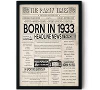 Stuff4 93rd Birthday Poster Framed, Born In 1933 Newspaper