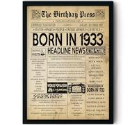Stuff4 93rd Birthday Poster Framed - Born In 1933 Vintage Newspaper - Happy 93rd Birthday Gifts for Women Men Retro Back In 1933, 8x10 Inch Decor Decoration Bday Party