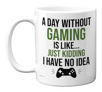 Stuff4 A Day Without Gaming Mug, Humorous Gift for Video Game Fans | Bold Black & Green Gamer Slogan with Controller Motif, 11oz Ceramic Gloss Mug