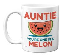 Stuff4 Auntie Mug - Watermelon Motif with 'You're One in a Melon' Slogan - Colourful Cute Birthday Appreciation - 11oz Ceramic Gloss Mug
