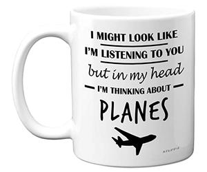 Stuff4 Aviation Gifts - in My Head I'm Thinking About Planes Mug - Funny Spitfire Gifts for Men, Aeroplane for Pilots, 11oz Ceramic Dishwasher Safe Premium Mugs Novelty Aircraft Cup
