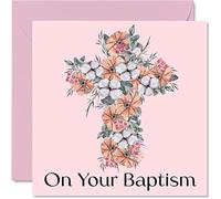 Stuff4 Baptism Cards Her, On Your Baptism, Floral Crucifix Good Luck Congratulations Baptism Card, First Communion Baptism Gifts, 145mm x 145mm Christian Gifts Religious, Pink (GCARD-145-BAPT-PNK-FBA)