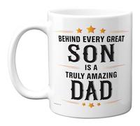 Stuff4 Behind Every Great Son Mug - Bold Appreciation Message for Dad - Family Bond Novelty - 11oz Ceramic Gloss Mug