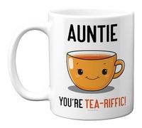 Stuff4 Cute Auntie Mug - Smiling Tea Cup with You're Tea-riffic Slogan - Cheerful Birthday or Appreciation Gift - 11oz Ceramic Gloss Mug