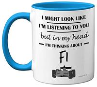 Formula 1 Gifts - in My Head I'm Thinking About F1 - Funny F1 Gifts for Men, Car Lover Gifts for Him, F1 Mug, Formula One Gifts, 11oz Ceramic Dishwasher Safe Blue Handle Mugs Novelty Cup by Stuff4