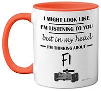 Stuff4 Formula 1 Gifts - in My Head I'm Thinking About F1 - Funny F1 Gifts for Men, Car Lover Gifts for Him, F1 Mug, Formula One Gifts, 11oz Ceramic Dishwasher Safe Orange Handle Mugs Novelty Cup
